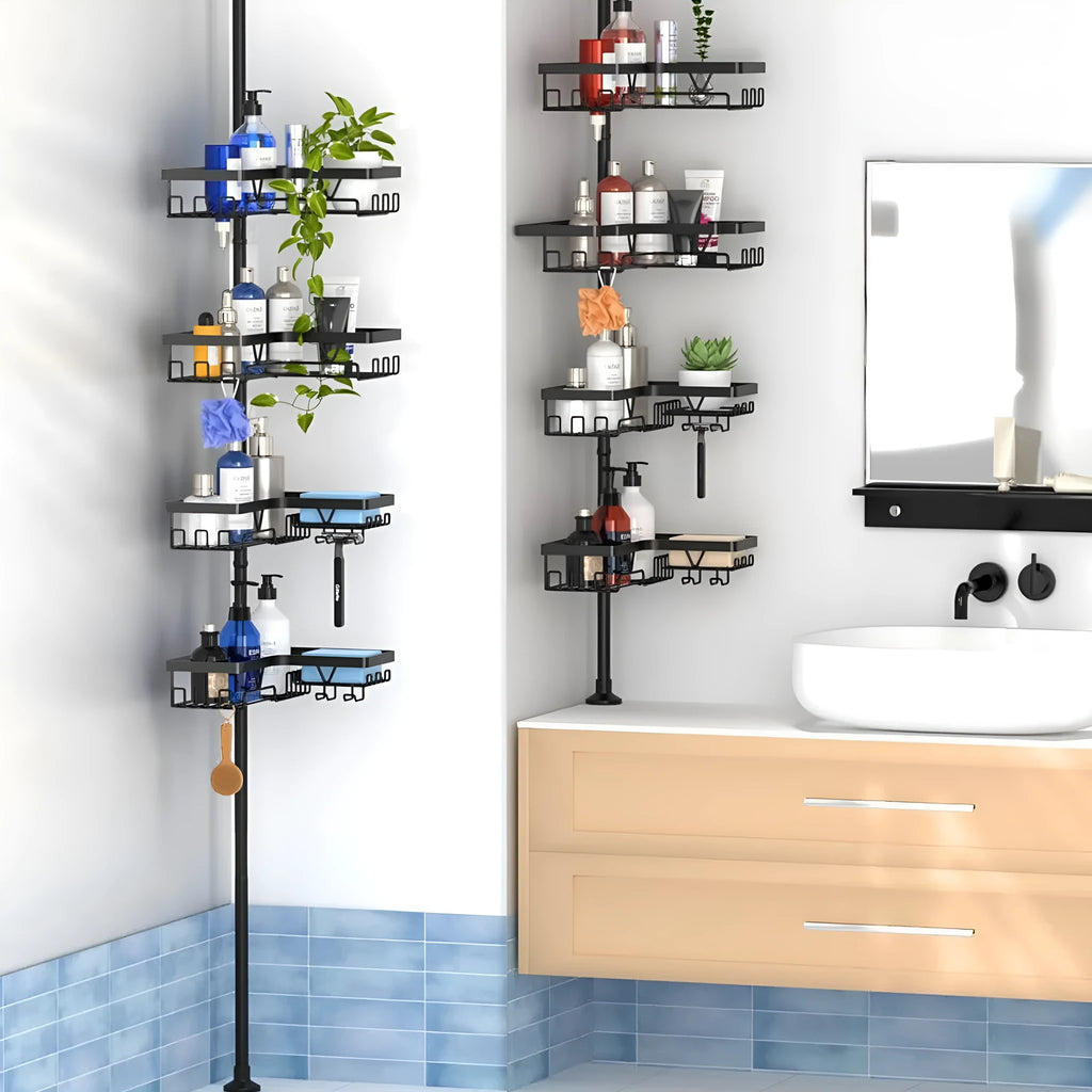 Retractable stainless steel bathroom storage rack with four shelves for hole-free installation.