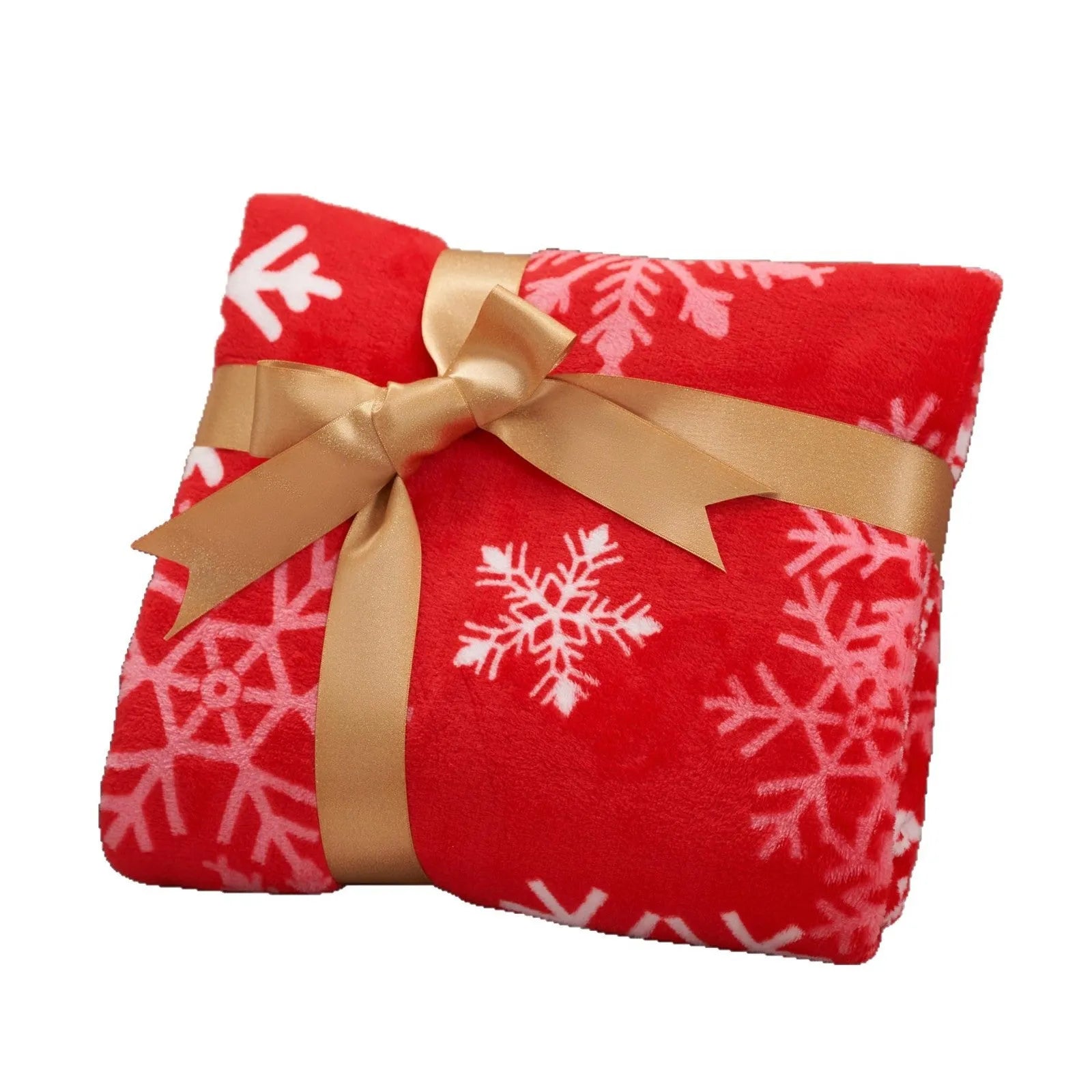 Soft red flannel Christmas blanket draped over a sofa, showing its plush texture and generous size.