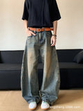 Men's retro blue distressed denim wide-leg pants with micro-elastic fabric