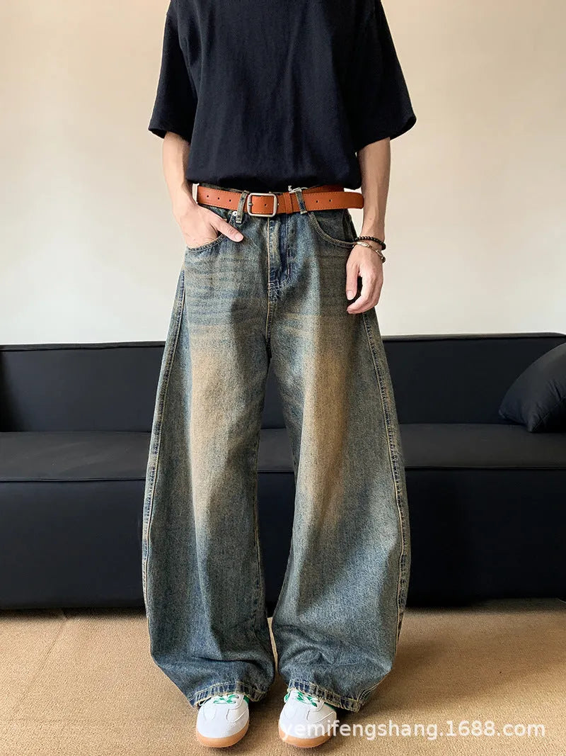 Men's retro blue distressed denim wide-leg pants with micro-elastic fabric