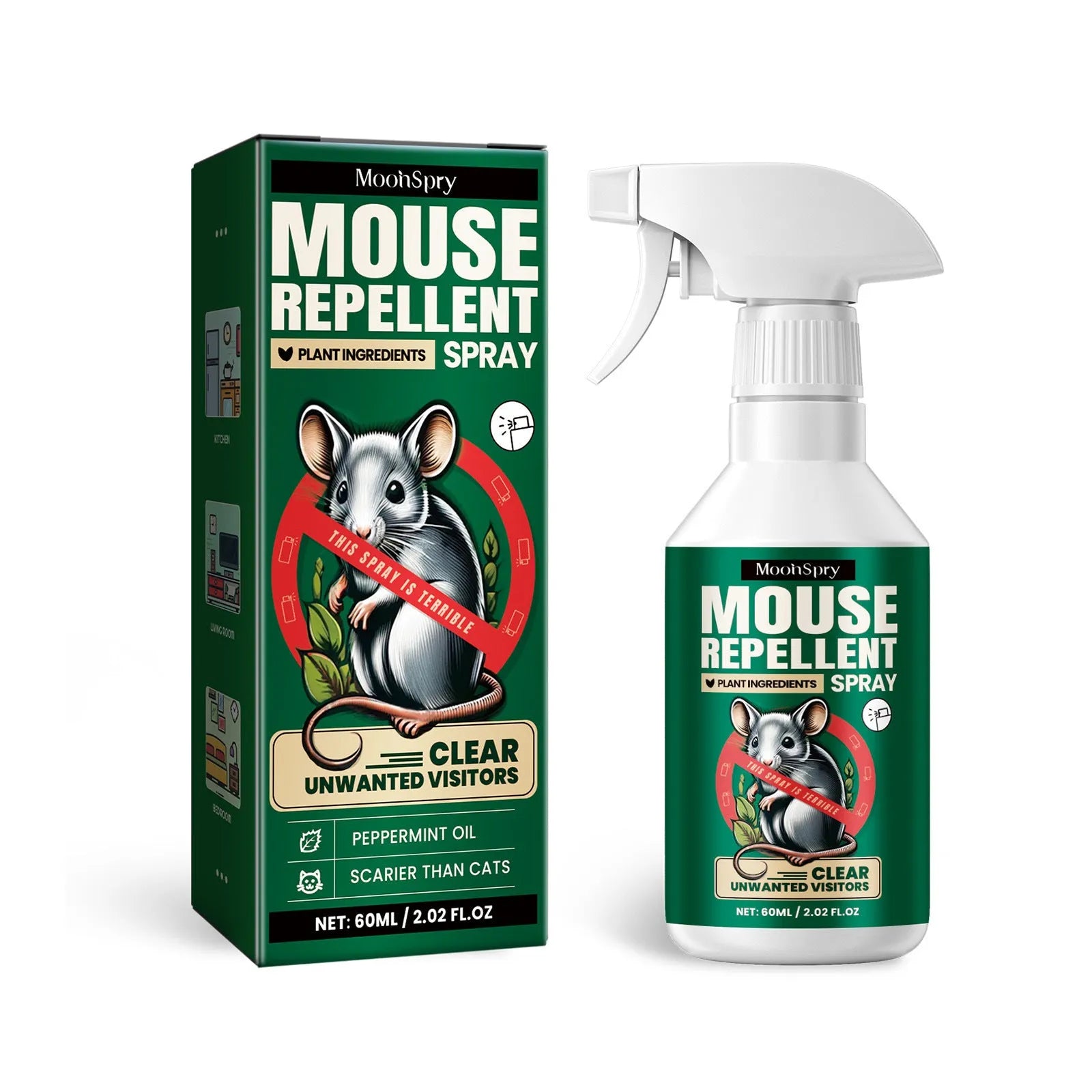 60ml bottle of natural rat repellent spray with essential oils of clove, peppermint, camphor and chilli.