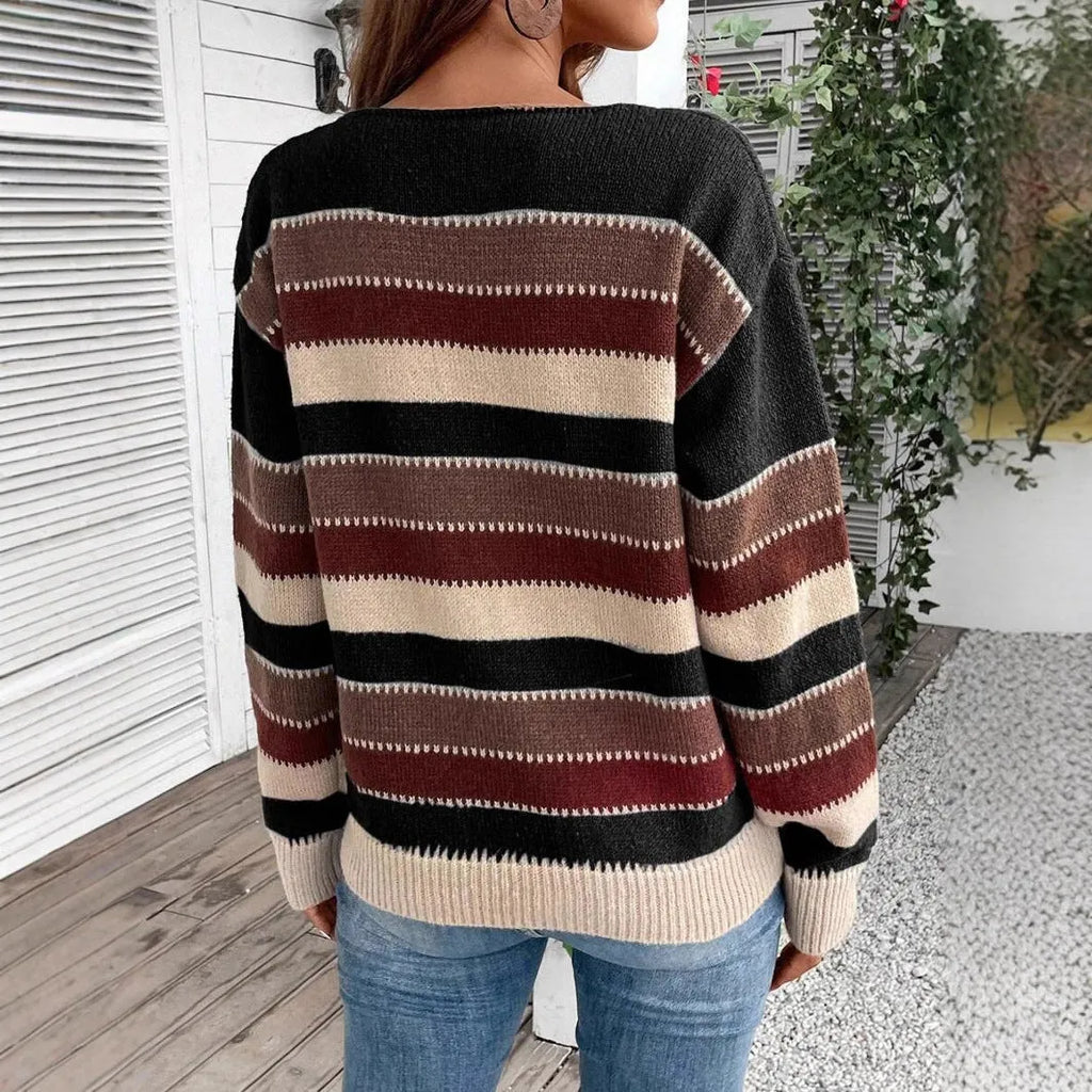 Women's colourblock striped polyester pullover sweater with long sleeves for autumn winter wear