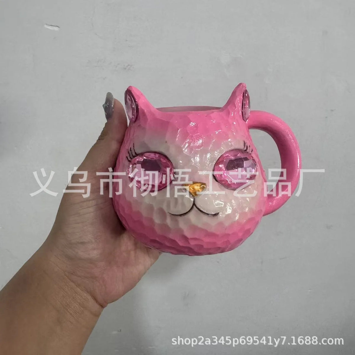 American style resin cat cup decorative figurine in purple, green, blue, or pink.