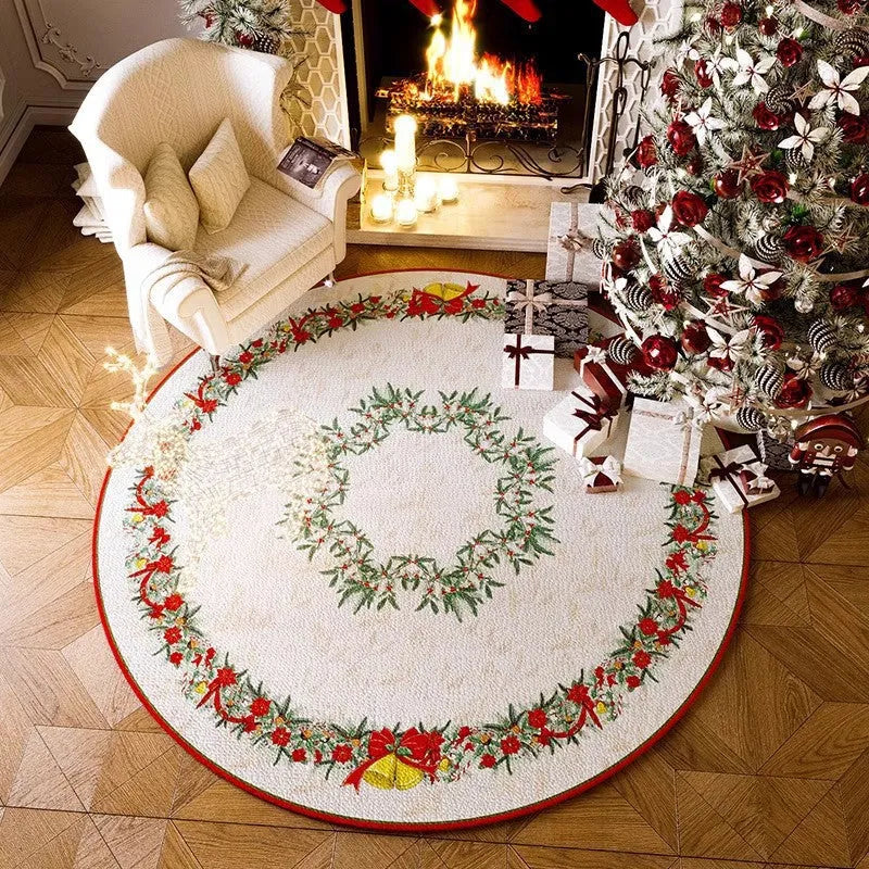 Round Christmas carpet in festive colours with velvet texture on hardwood floor