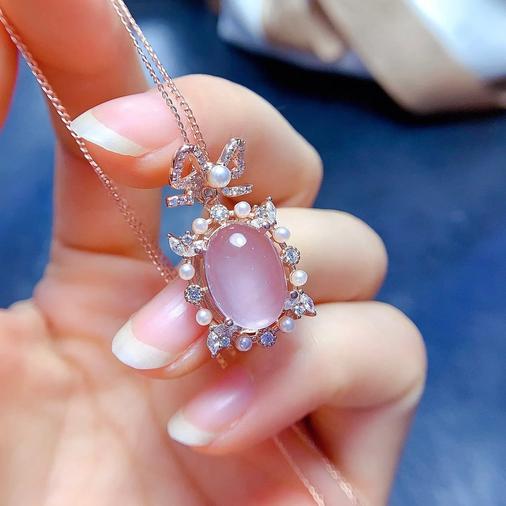 Natural rose quartz geometric pendant on 925 silver chain with rose gold plating