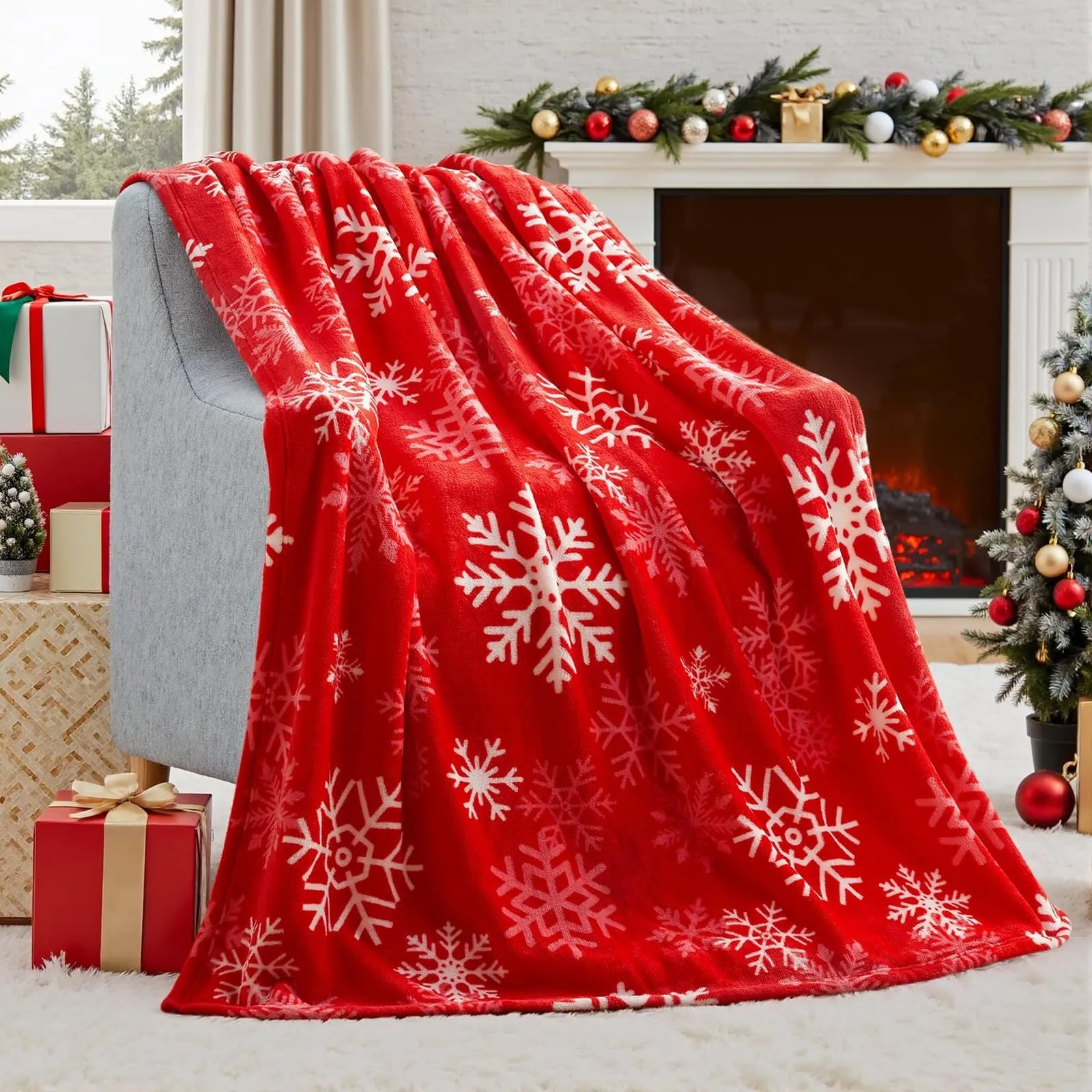 Soft red flannel Christmas blanket draped over a sofa, showing its plush texture and generous size.