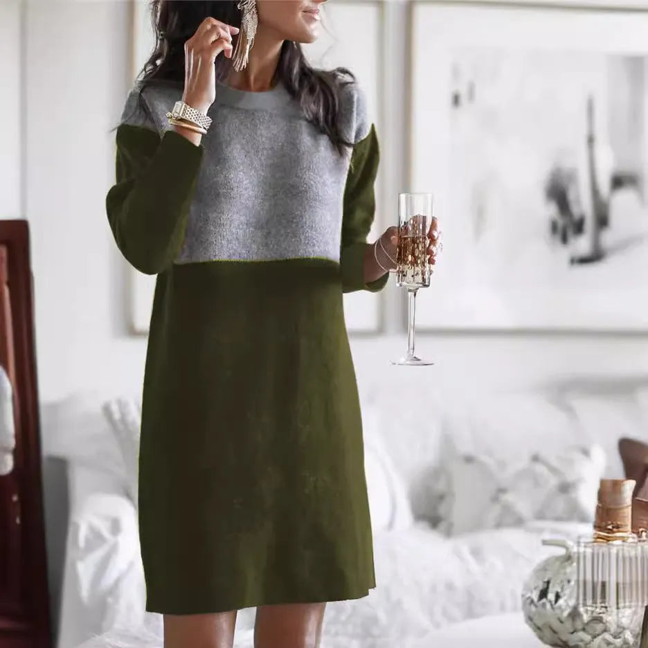 Brown women's patchwork sweater dress with princess silhouette and long sleeves in retro style