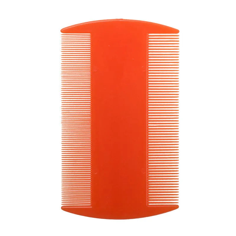 Double-edged fine-toothed plastic comb in assorted colours on a white background.
