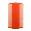 Double-edged fine-toothed plastic comb in assorted colours on a white background.