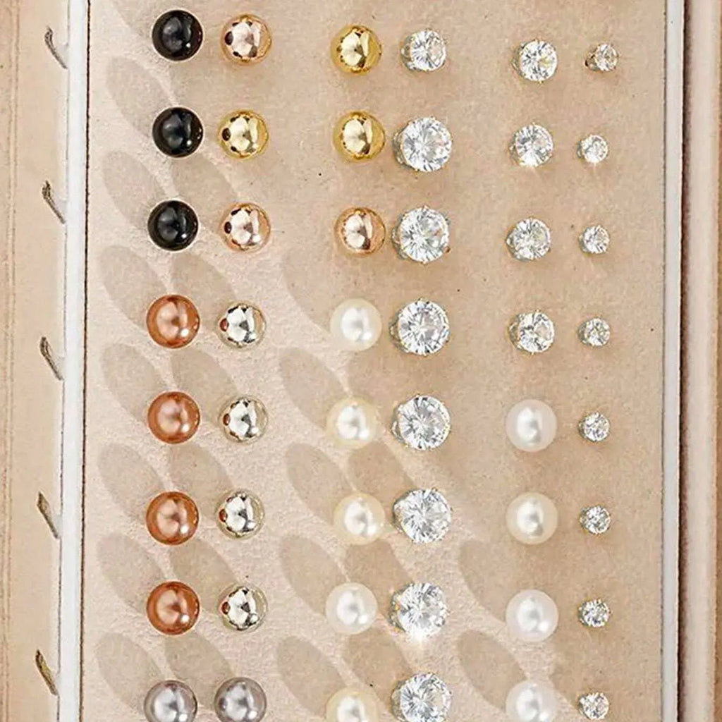 108-piece geometric pearl earrings set with gold and yellow electroplated finishes on alloy metal