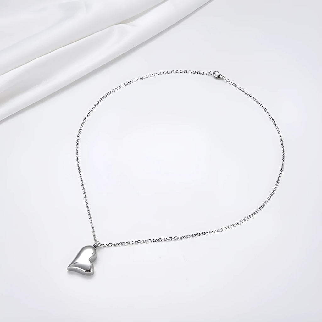 Silver stainless steel curved peach heart pendant necklace with adjustable chain