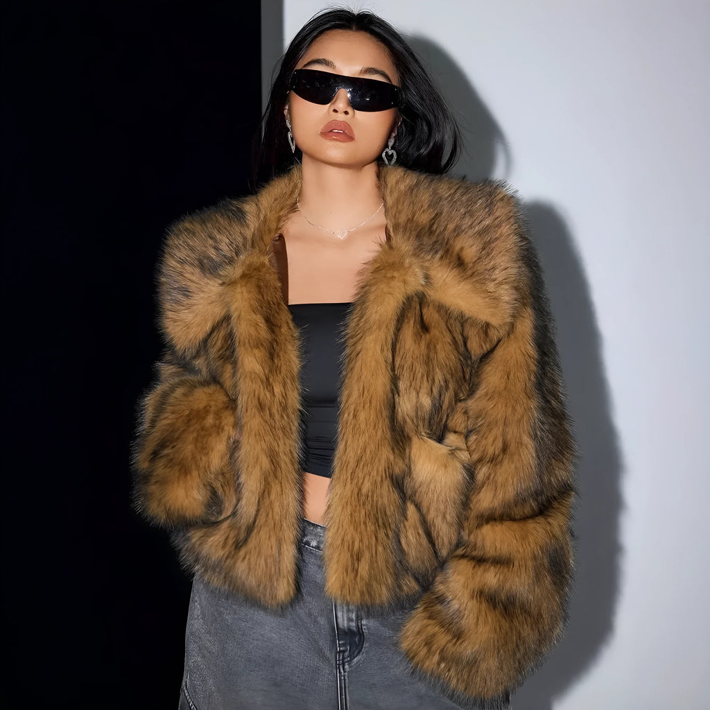 Artificial fur coat with fur collar in short length, showing thick pile construction and cute style design