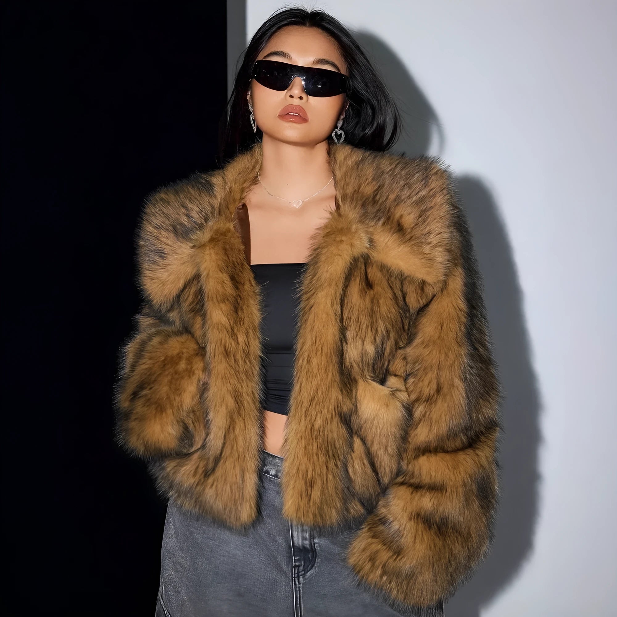 Artificial fur coat with fur collar in short length, showing thick pile construction and cute style design