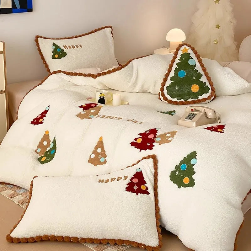 Bright yellow Christmas tree bedding set with fleece-lined construction and cartoon animation pattern