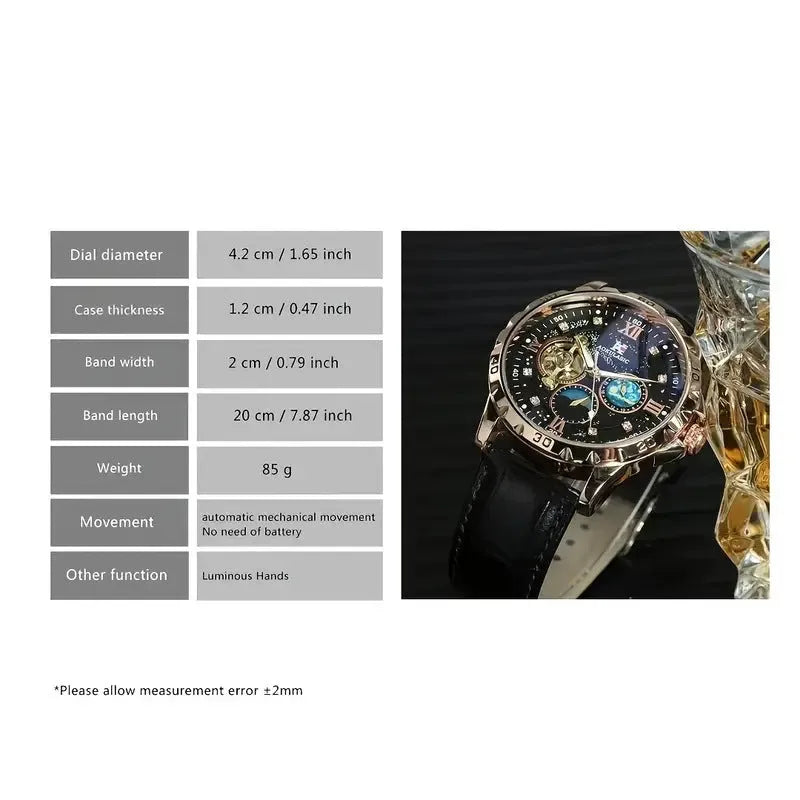 Men's automatic mechanical watch with black rose gold case, hollow dial showing movement, leather strap