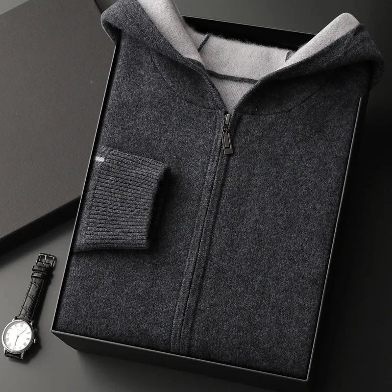 Men's dark blue cashmere cardigan with half-high collar and front zipper in loose fit