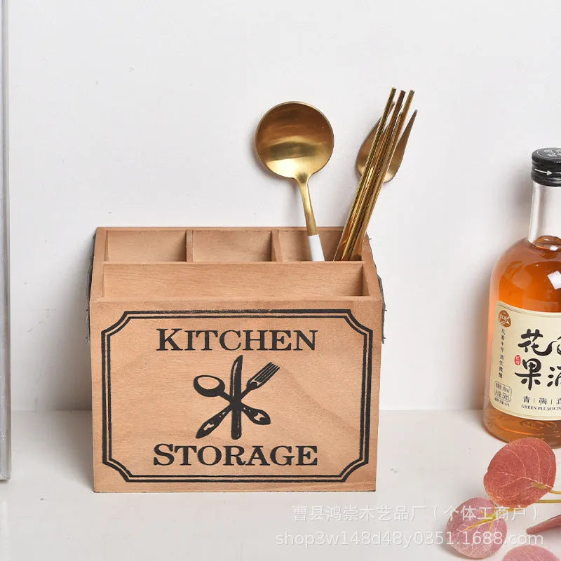 Wooden kitchen storage box with internal divider grids for knives, forks and chopsticks