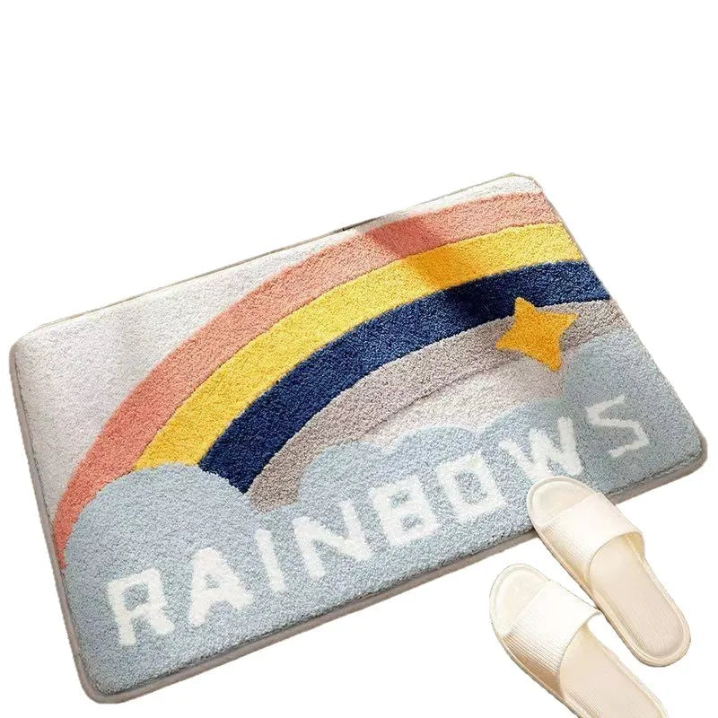 Square cashmere-style floor mat with rainbow pattern on Sky Sea background showing plastic dirt-resistant bottom