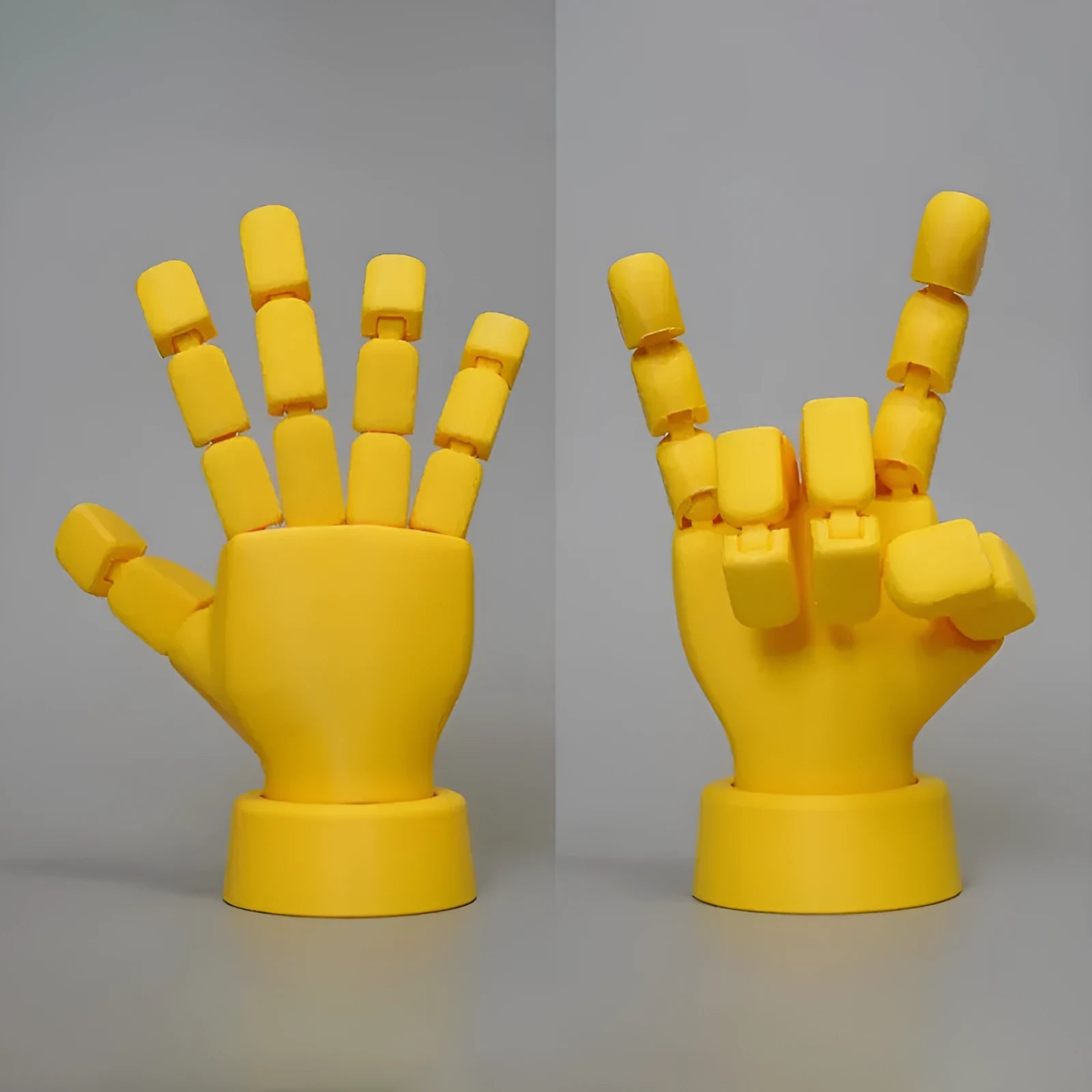 Yellow PLA movable joint hand ornament figurine on a white background.