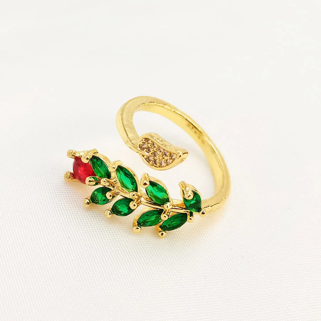 Geometric leaf open ring for women in copper gold with micro inlaid zircon details
