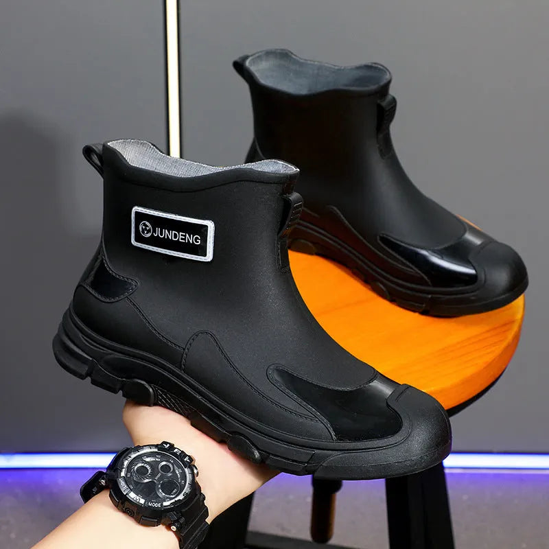 Men's waterproof PVC wading boots black flat heel low tube rubber shoes non-slip sole
