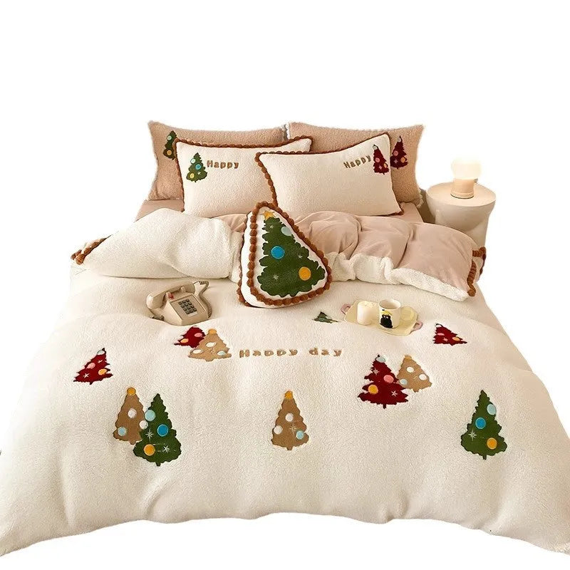 Bright yellow Christmas tree bedding set with fleece-lined construction and cartoon animation pattern