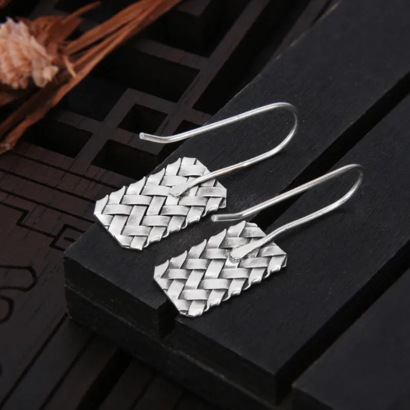 Silver geometric woven diamond plaid earrings with 17.5mm drop measurement