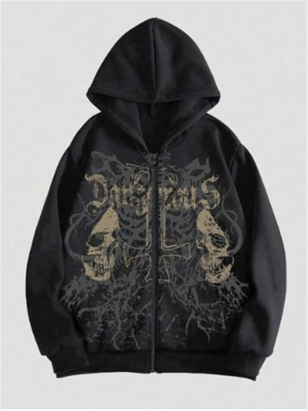 Men's black hooded sweatshirt with skull graphic print, Harajuku style pullover with long sleeves