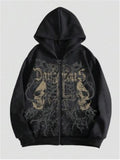 Men's black hooded sweatshirt with skull graphic print, Harajuku style pullover with long sleeves
