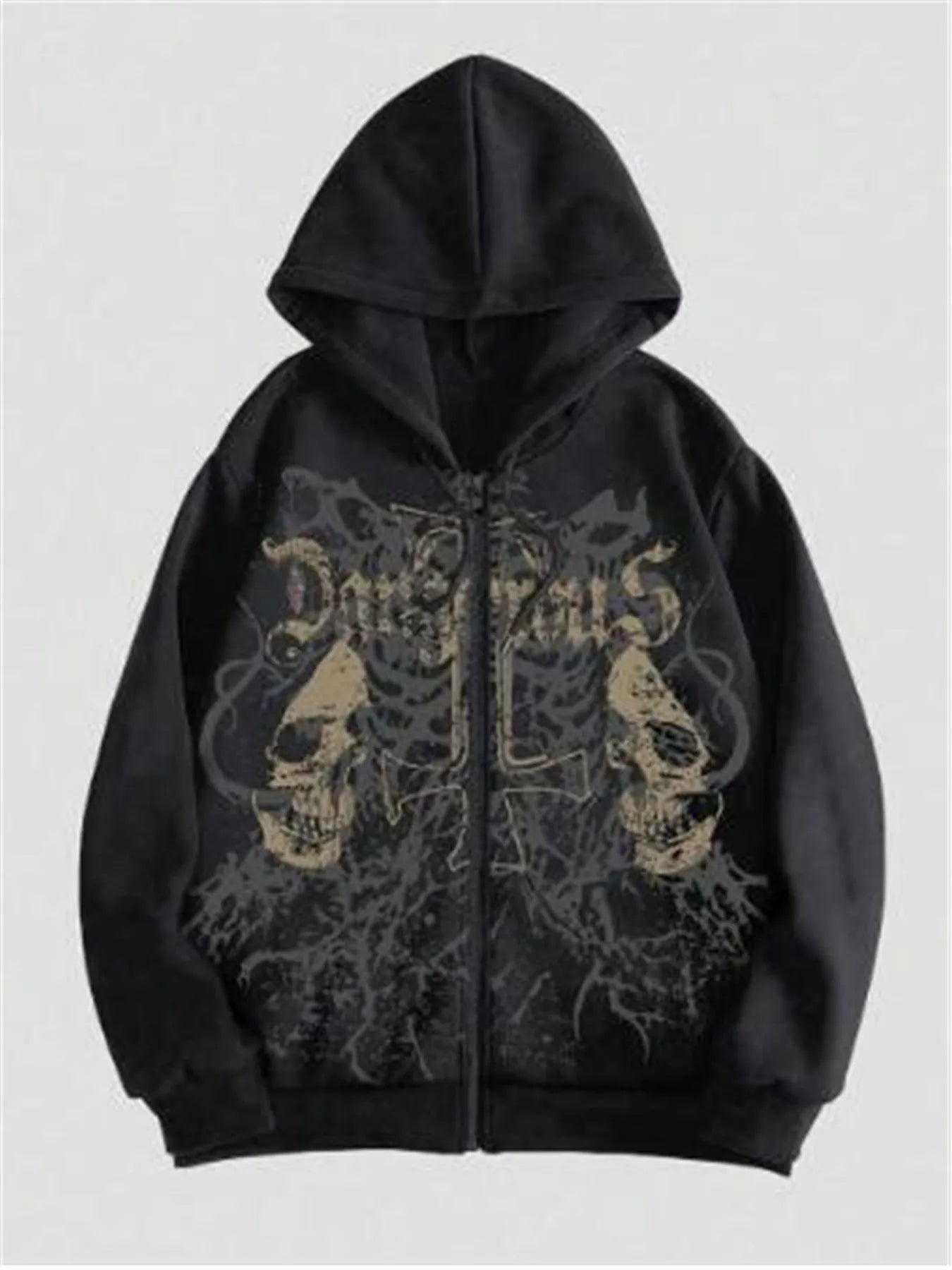 Men's black hooded sweatshirt with skull graphic print, Harajuku style pullover with long sleeves