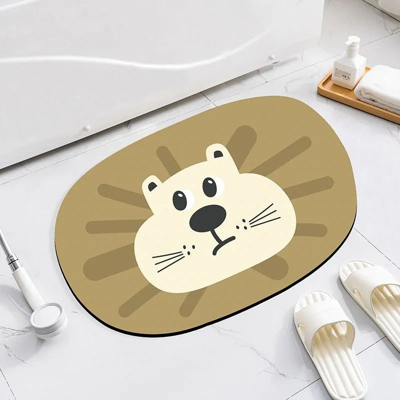 Cartoon animal design diatom oil bathroom mat in alien shape on bathroom floor.