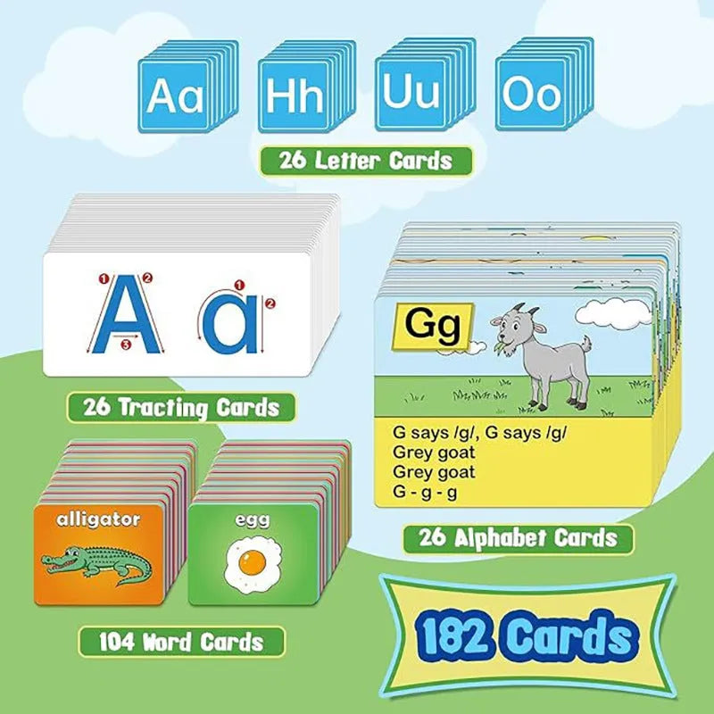 Children's alphabet learning chart with word cards, letter cards, picture cards and educational songs