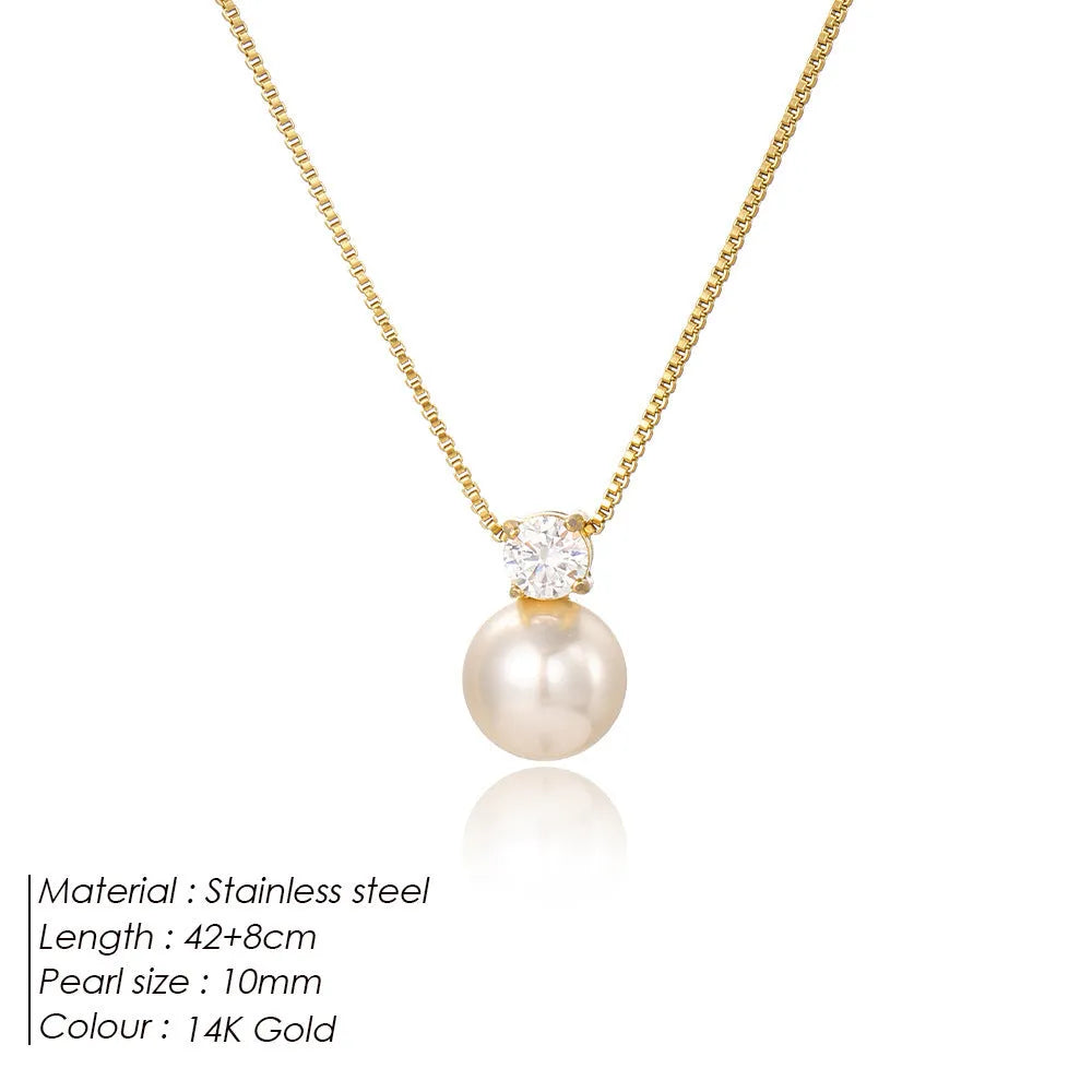 St Delan simple pearl zircon necklace for women in stainless steel with gold or steel colour options