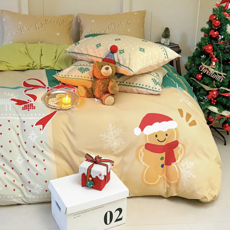 Christmas cartoon print four-piece bedding set with super soft washed cotton material
