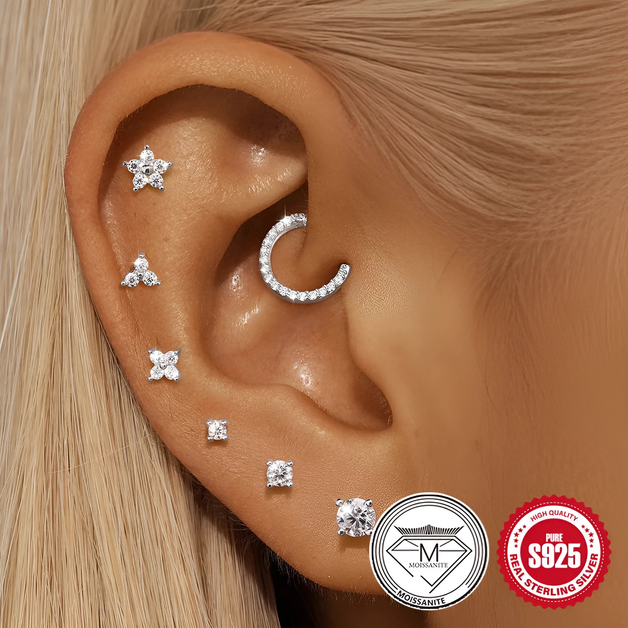 S925 sterling silver geometric petal stud earrings with platinum finish and clip-on fastening