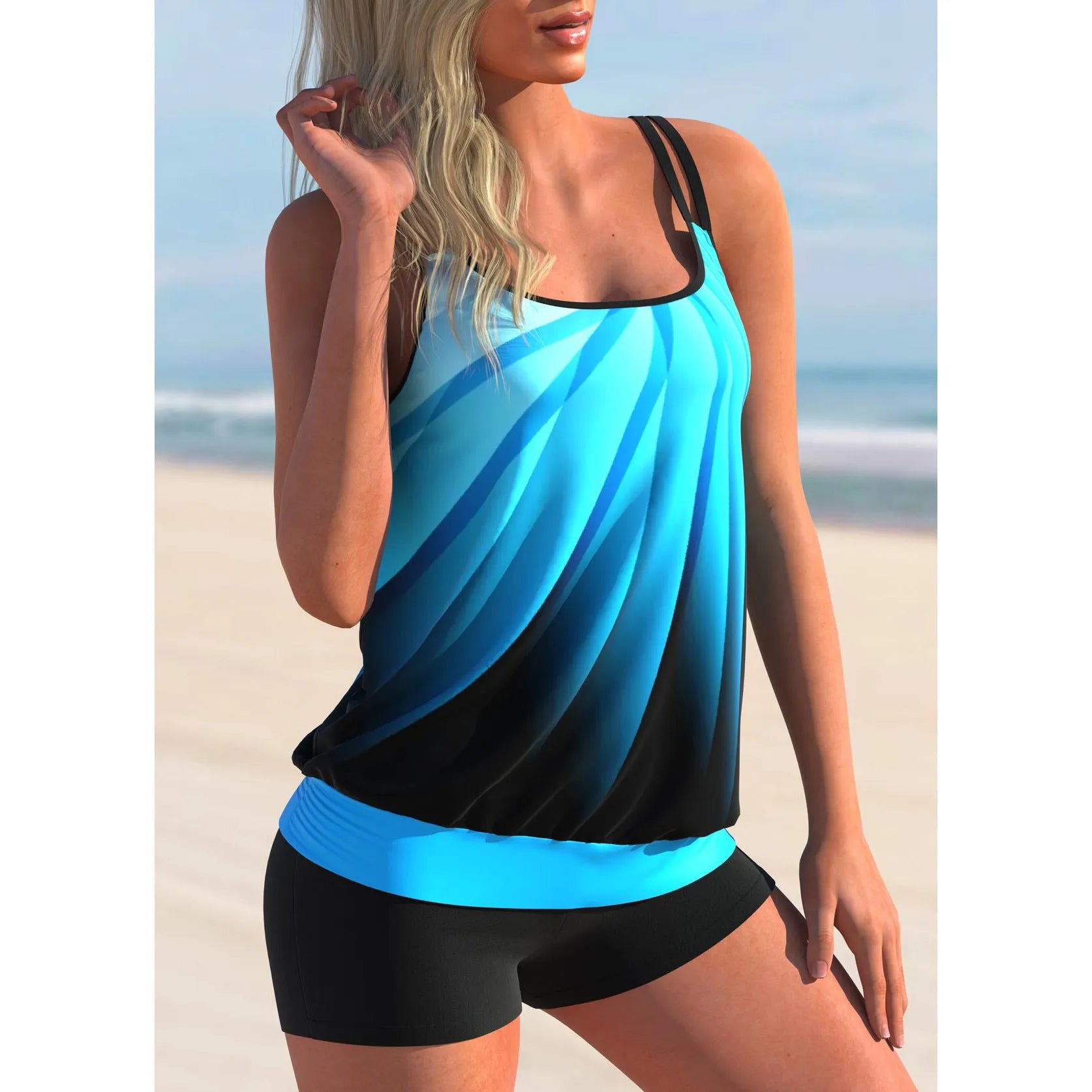 Plus size women's swimsuit set with printed butterfly pattern top and matching beach shorts