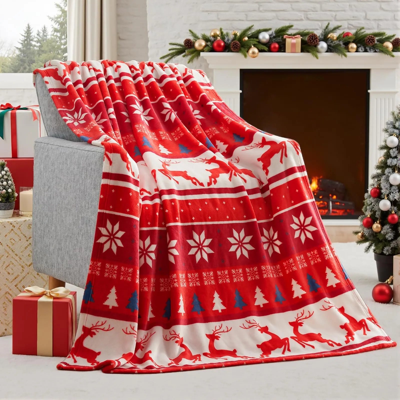 Soft red flannel Christmas blanket draped over a sofa, showing its plush texture and generous size.