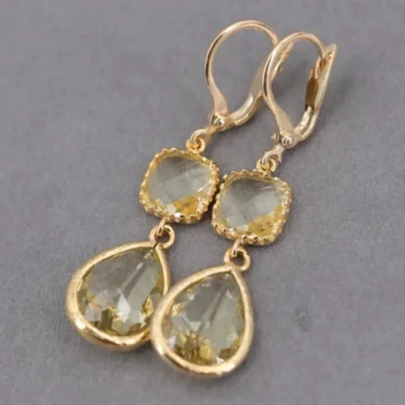 Gold retro geometric earrings with long crystal fringe droplets on copper with electroplated finish