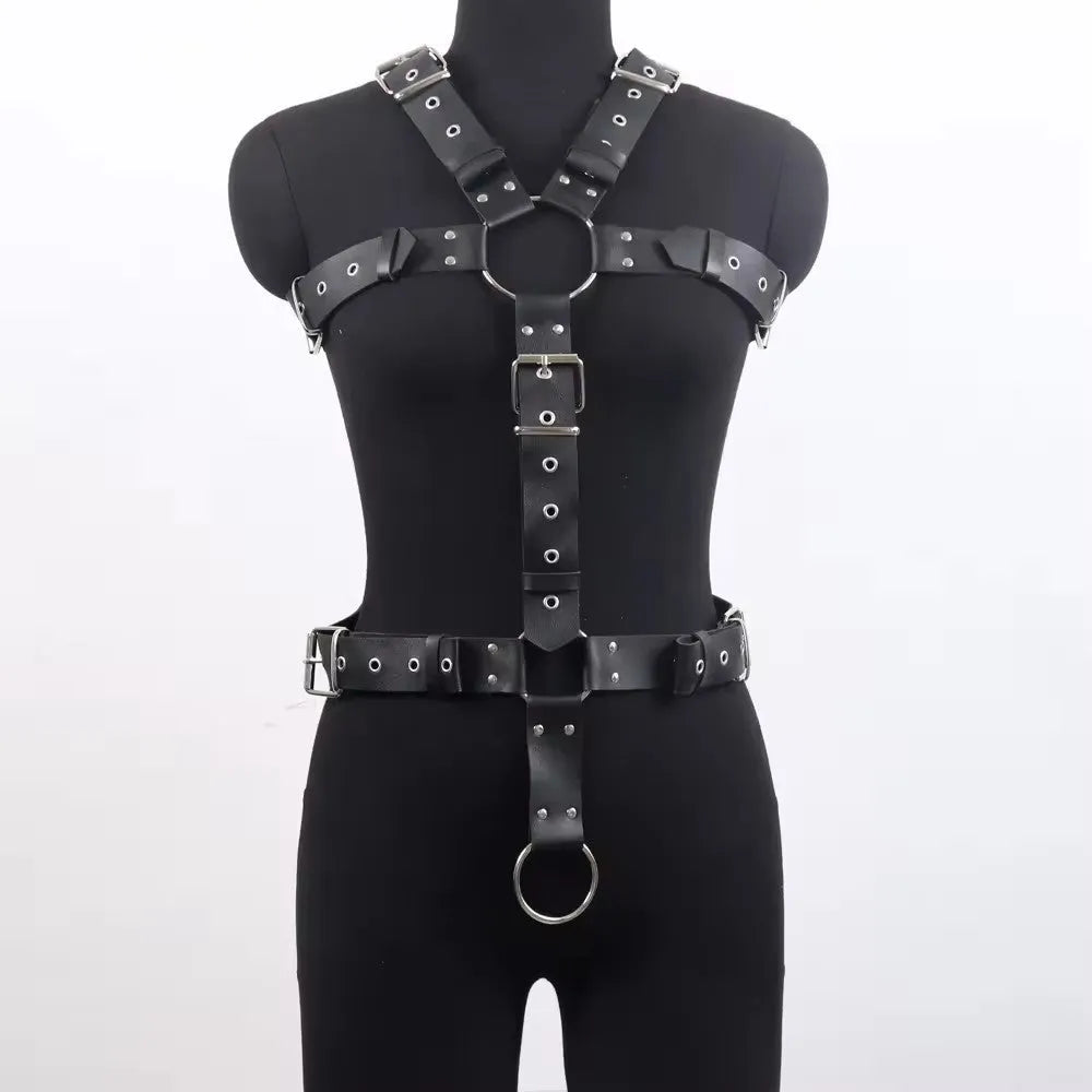 Black patent leather shapewear bodysuit with adjustable buckle fastenings and thin straps