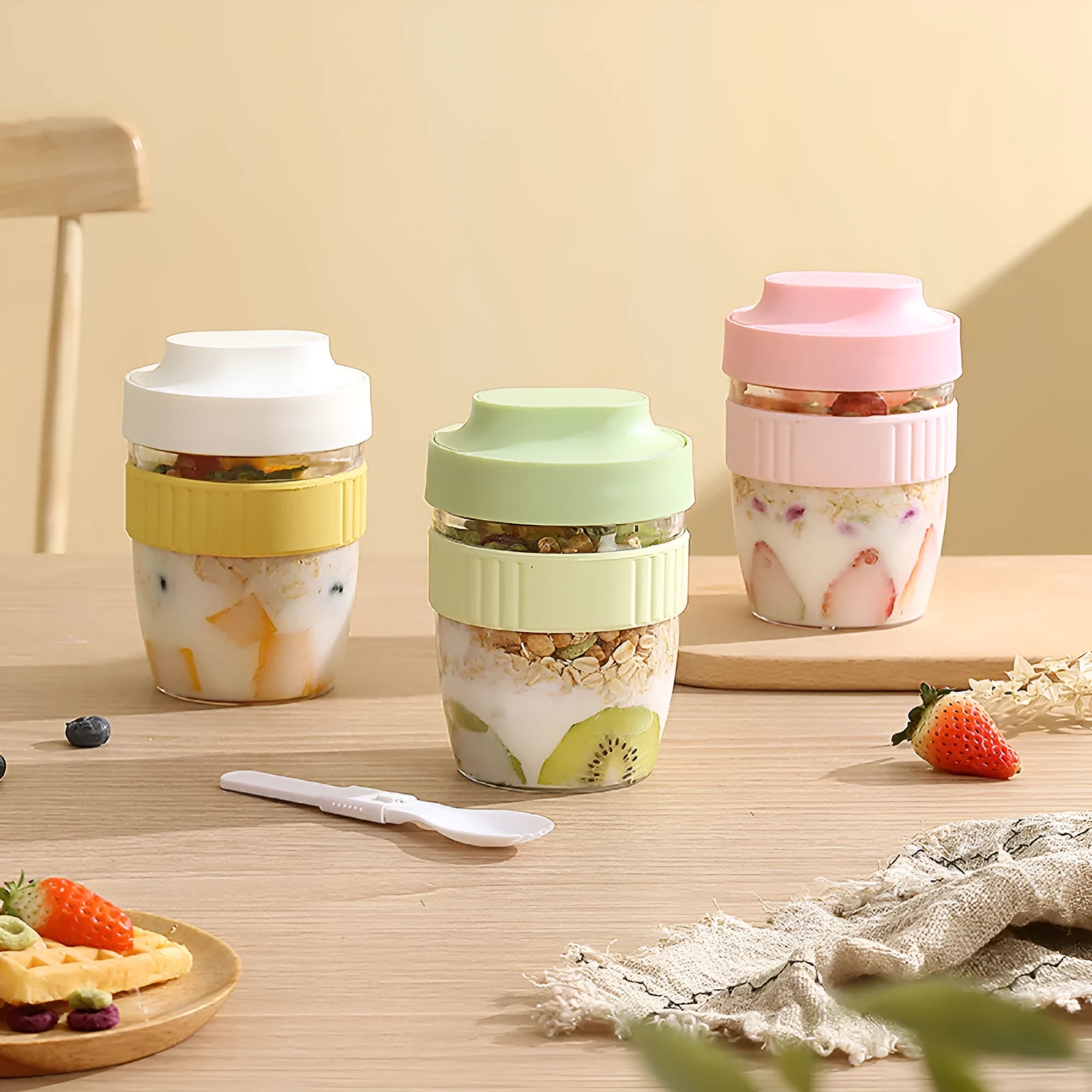 Green plastic salad cup with integrated spoon in lid, shown with leak-proof seal.