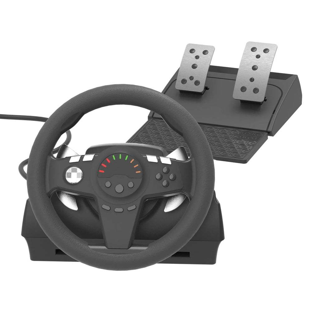 Black multi-platform gaming steering wheel with two pedals, vibration feedback, and manual mounting bracket