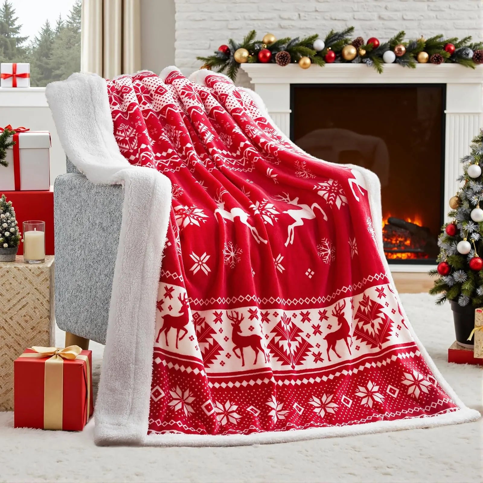 Soft red flannel Christmas blanket draped over a sofa, showing its plush texture and generous size.