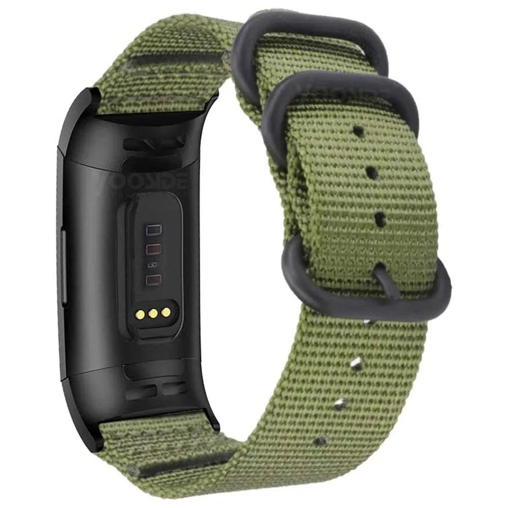 Nylon three-ring buckle replacement strap for Fitbit Charge 2, 3, 4, and 5 fitness trackers in army green colour.