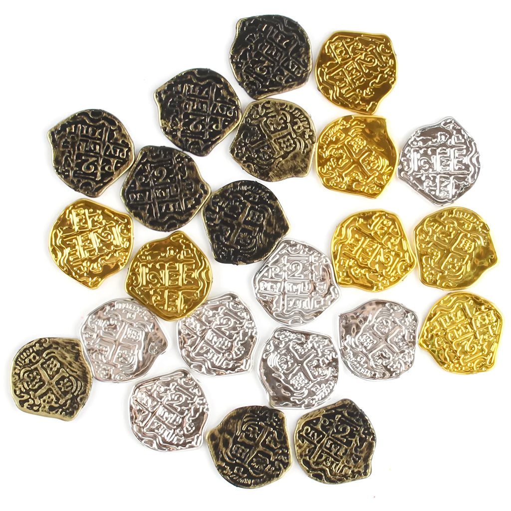A pile of gold, silver, and bronze plastic Roman coin replicas from a 100-piece set.
