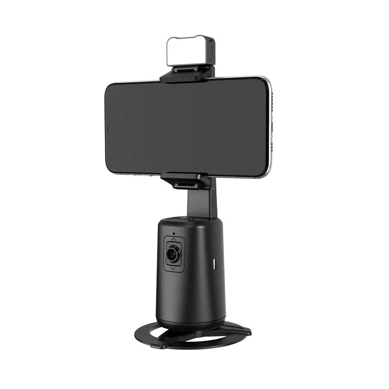 Black desktop phone holder with intelligent face tracking, rotating head and ribbon lights with remote control