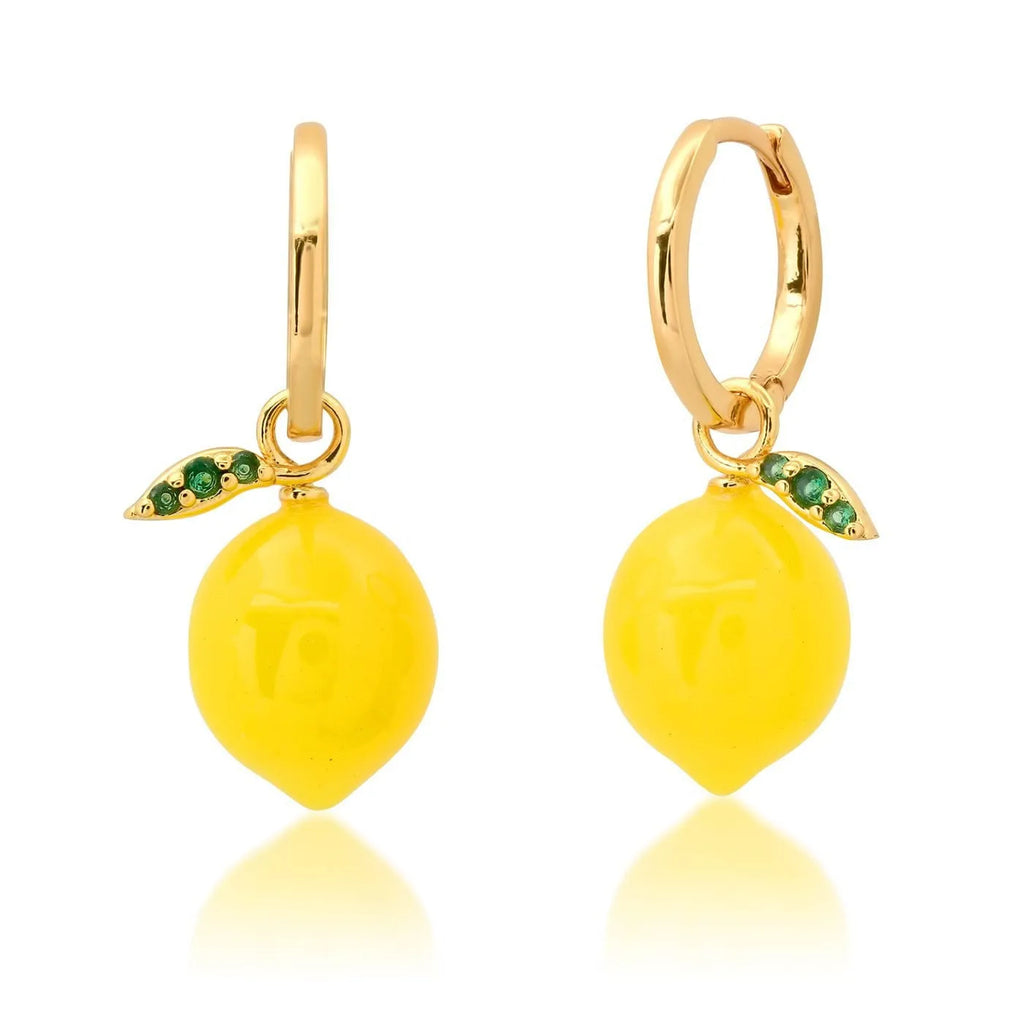 Gold plated fruit and vegetable design earrings on copper with carrot, orange, blueberry charms