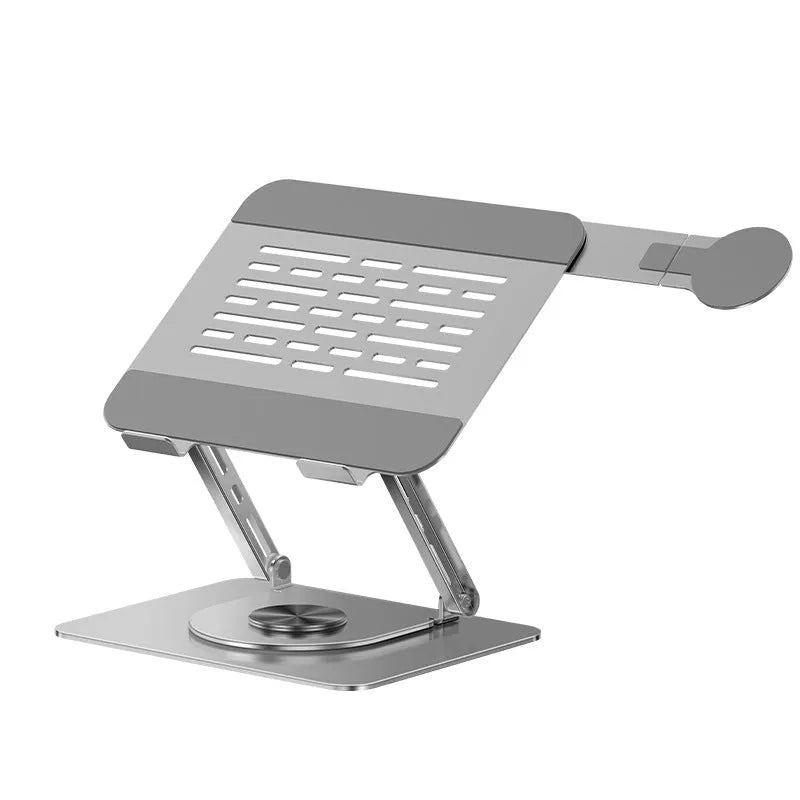 Silver carbon steel laptop stand with 360-degree rotation and a side-mounted magnetic mobile phone holder.