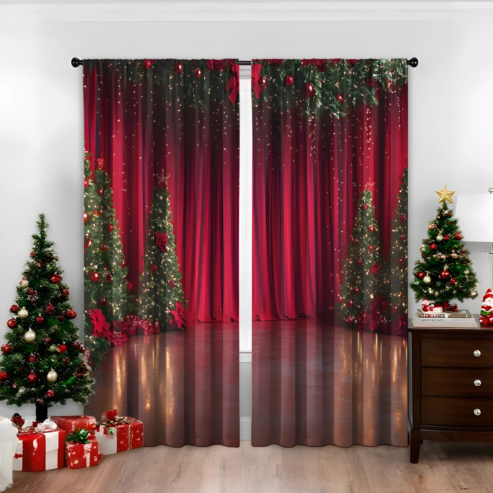 3D digitally printed Christmas curtains set of two in European style with high sunshade function