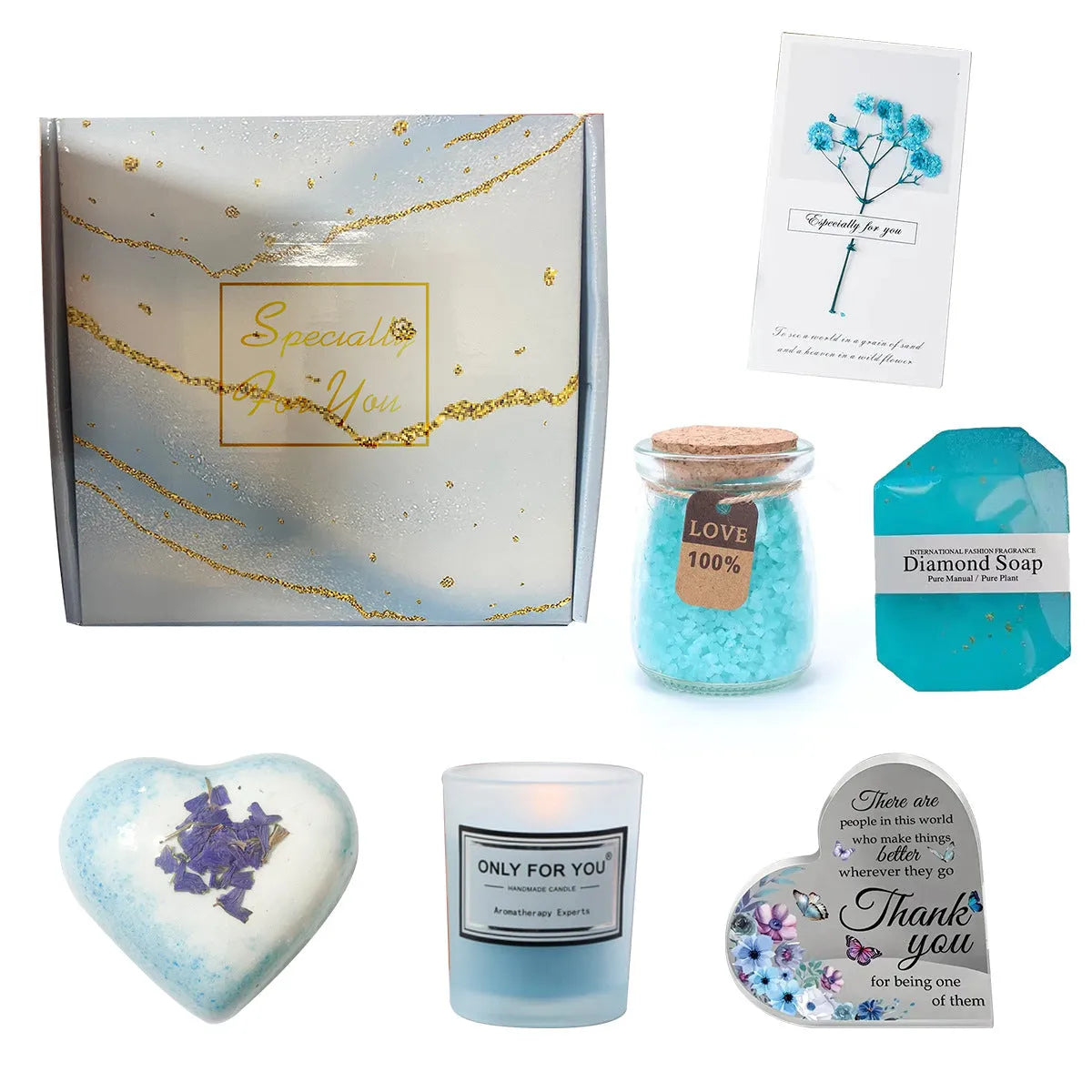 Aromatherapy candle bath gift box with soy wax candles and bubble bath products in modern simplicity design