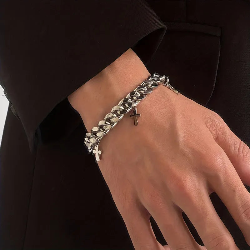 Men's titanium steel geometric cross bracelet with cold wind styling